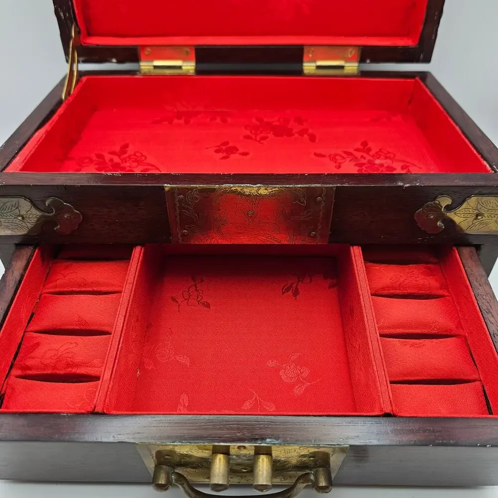 CHINESE STYLE WOODEN JEWELRY BOX W KEY BRASS LOCK RED LINED ORGANIZER
